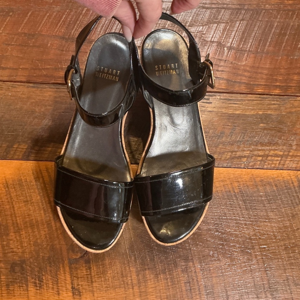 Stuart Weitzman Black Patent Leather Cork Wedge Sandals | size 7